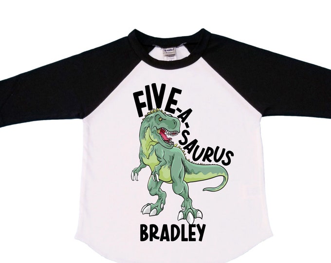 Personalized Dinosaur Themed Birthday Boy Raglan Dinosaur theme Birthday Shirt. FIVE Birthday. Boy's Dino Birthday. Dinosaur Birthday Shirt.