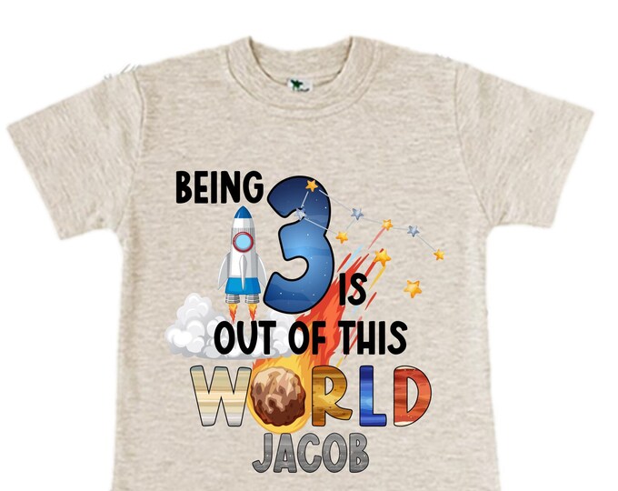 Personalized Space Birthday THREE Astronaut theme Birthday Shirt. THREE Birthday. Boy's Birthday Shirt. Spaceship Space ship Birthday Shirt.