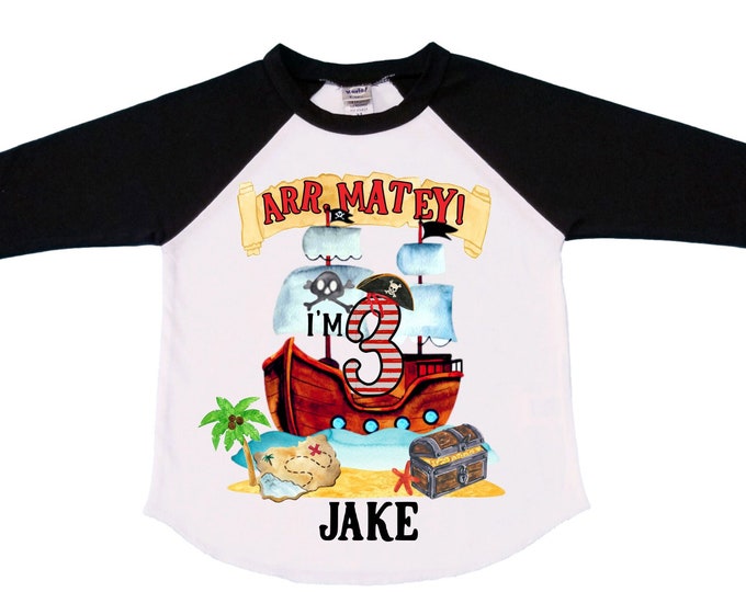 Personalized Pirate Ship theme Birthday Shirt. THREE Birthday. Boy's Pirate Birthday. Timber me Shivers. Arr Matey. Ahoy Matey. Arrgh. 3rd