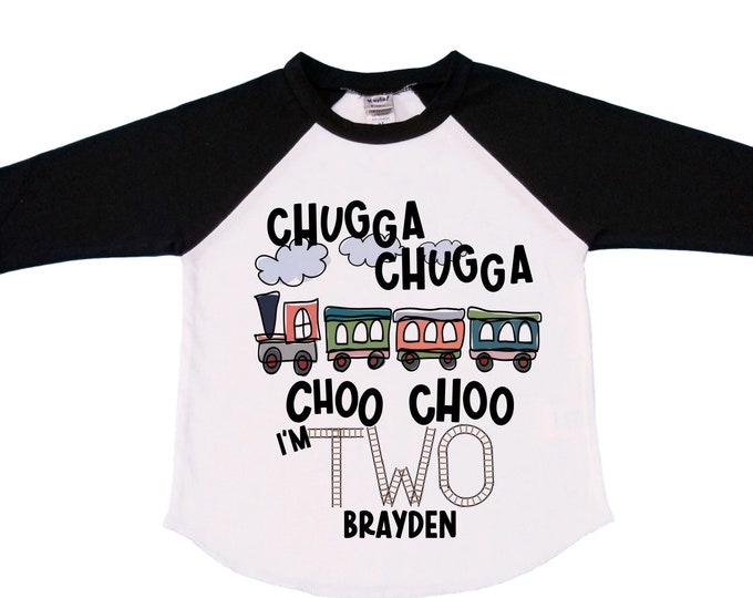 Personalized Choo Choo I'm 2 Train theme Birthday Shirt. Two Birthday. Boy's Train Birthday Shirt. Choo Choo Train Birthday Shirt.