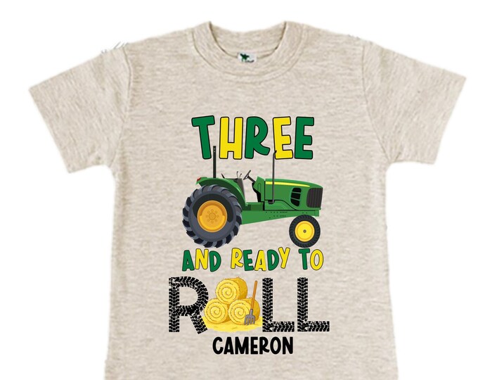 Personalized Tractor theme Birthday Shirt. THREE Birthday. Boy's Truck Birthday Shirt. Tractor Racing Birthday Shirt.