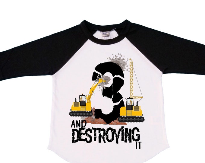 Personalized 3 Digger Construction theme Birthday Shirt. THREE Birthday. Boy's Dump Truck Birthday Shirt.