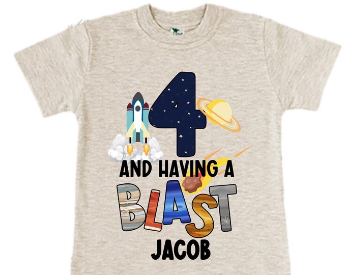 Personalized Space Birthday FOUR Astronaut theme Birthday Shirt. FOUR Birthday. Boy's Birthday Shirt. Spaceship Space ship Birthday Shirt.