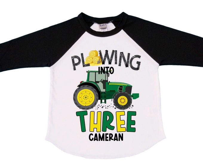 Personalized Tractor theme Birthday Shirt. THREE Birthday. Boy's Truck Birthday Shirt. Tractor Racing Birthday Shirt.