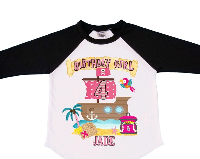 Personalized Pirate Ship Rainbow Four Birthday Girl Shirt. Ahoy Matey, Arrgh, Arr Matey. Shiver Me Timbers Pirate Themed 4th Birthday
