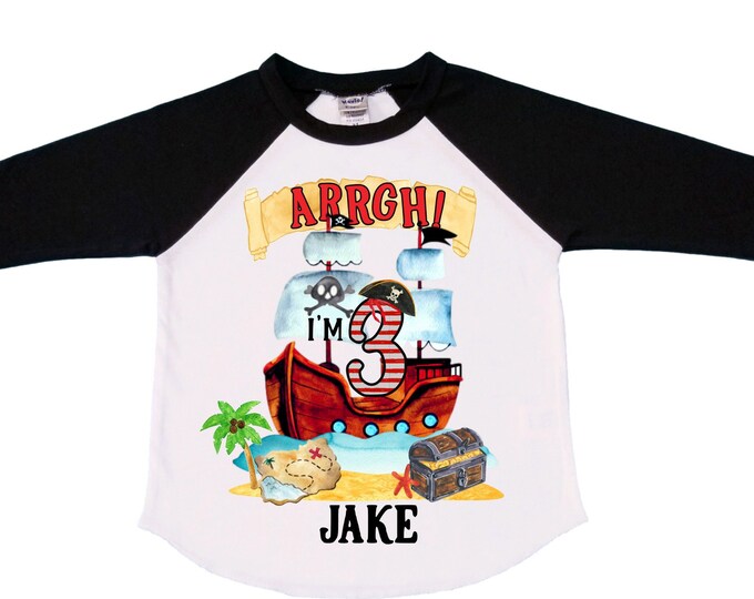 Personalized Pirate Ship theme Birthday Shirt. THREE Birthday. Boy's Pirate Birthday. Timber me Shivers. Arr Matey. Ahoy Matey. Arrgh. 3rd