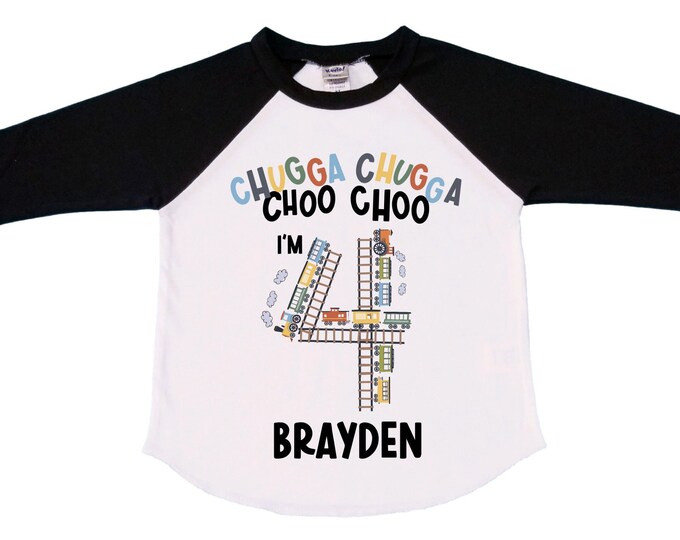 Personalized Choo Choo I'm 4 Train theme Birthday Shirt. Four Birthday. Boy's Train Birthday Shirt. Choo Choo Train Birthday Shirt.