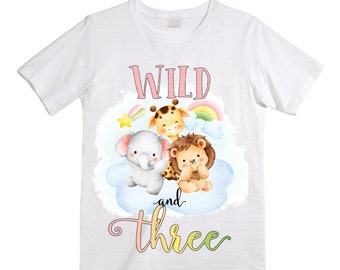 Personalized Young Wild and THREE Safari Rainbow Themed Birthday Shirt. Safari Birthday Shirt. THIRD Birthday Shirt