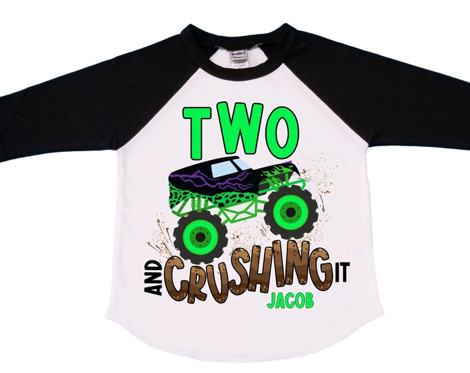 Personalized Monster Truck theme Birthday Shirt. Two Birthday. Boy's Truck Birthday Shirt. Monster Truck Racing Birthday Shirt.