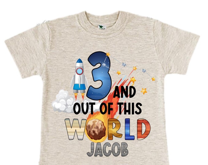 Personalized Space Birthday THREE Astronaut theme Birthday Shirt. THREE Birthday. Boy's Birthday Shirt. Spaceship Space ship Birthday Shirt.