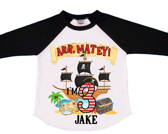 Personalized Pirate Ship theme Birthday Shirt. THREE Birthday. Boy's Pirate Birthday. Timber me Shivers. Arr Matey. Ahoy Matey. Arrgh. 3rd