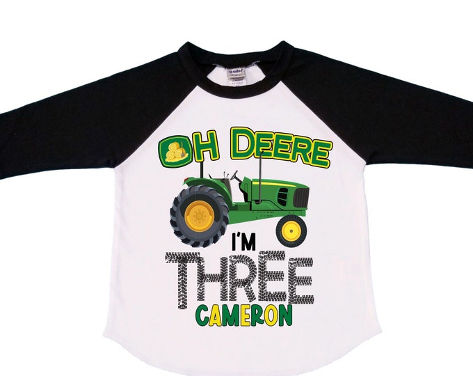 Personalized Tractor theme Birthday Shirt. THREE Birthday. Boy's Truck Birthday Shirt. Tractor Racing Birthday Shirt.