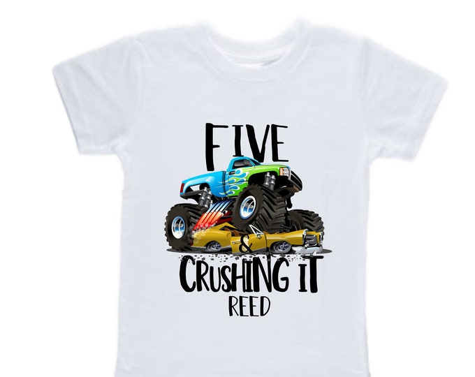 Personalized Monster Truck Crushing IT Birthday Shirt. FIVE Birthday. Boy's Truck Birthday Shirt. Monster Truck Racing Birthday Shirt.