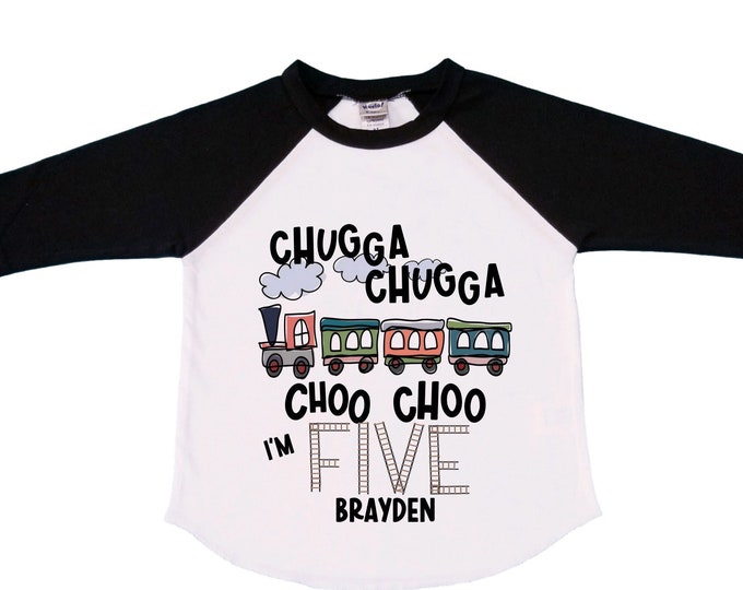 Personalized Choo Choo I'm 5 Train theme Birthday Shirt. Five Birthday. Boy's Train Birthday Shirt. Choo Choo Train Birthday Shirt.