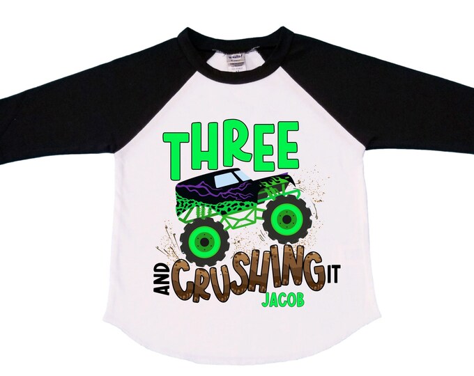 Personalized Monster Truck theme Birthday Shirt. THREE Birthday. Boy's Truck Birthday Shirt. Monster Truck Racing Birthday Shirt.