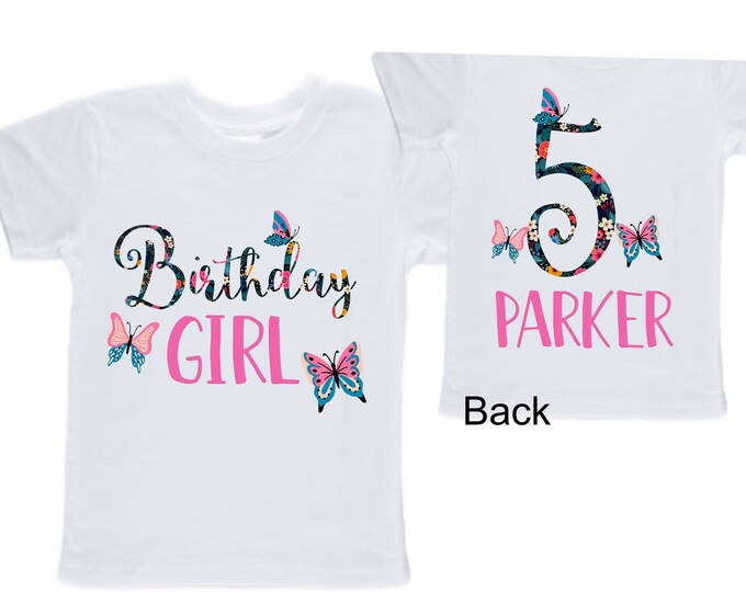 Personalized Butterfly FIVE Birthday Girl Shirt. Cake Smash Short Sleeve Birthday Shirt. 5th . Birthday Shirt