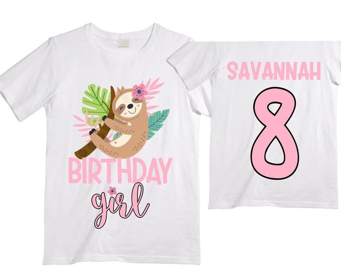 Personalized Sloth themed EIGHT Birthday Girl Shirt. Cake Smash Short Sleeve Birthday Shirt. 8th . Birthday Shirt