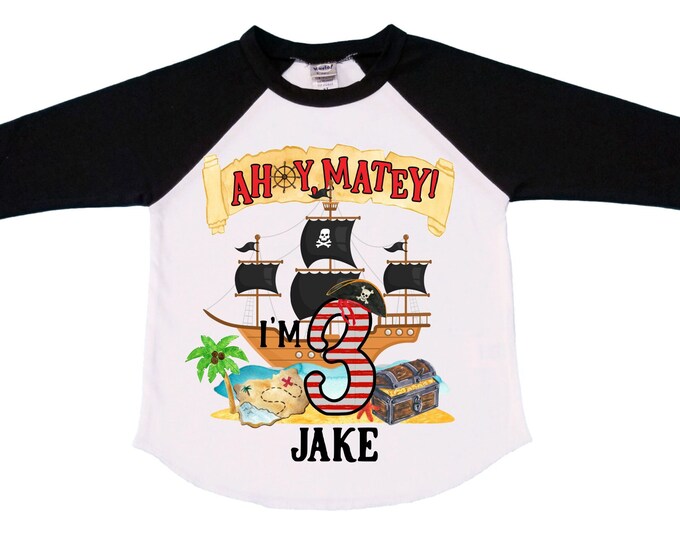 Personalized Pirate Ship theme Birthday Shirt. THREE Birthday. Boy's Pirate Birthday. Timber me Shivers. Arr Matey. Ahoy Matey. Arrgh. 3rd