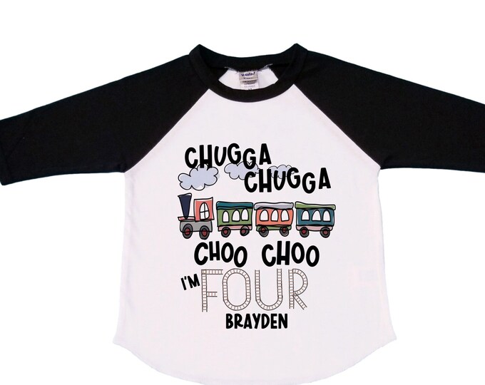 Personalized Choo Choo I'm 4 Train theme Birthday Shirt. Four Birthday. Boy's Train Birthday Shirt. Choo Choo Train Birthday Shirt.