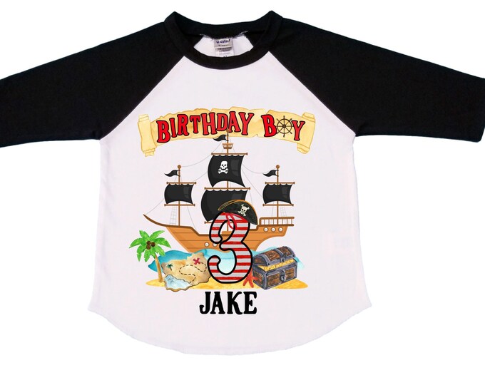 Personalized Pirate Ship theme Birthday Shirt. THREE Birthday. Boy's Pirate Birthday. Timber me Shivers. Arr Matey. Ahoy Matey. Arrgh. 3rd
