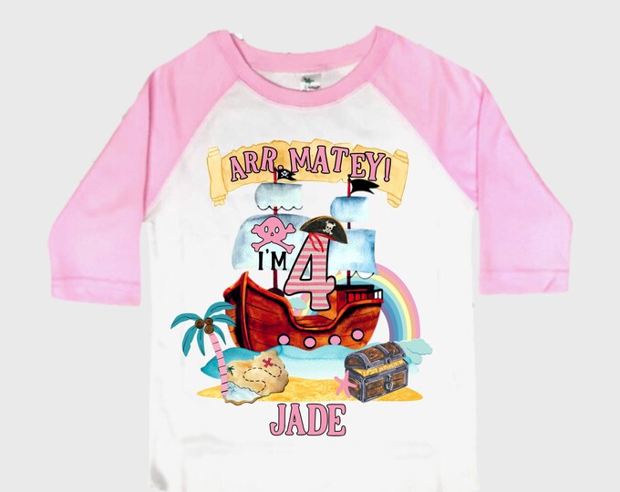Personalized Pirate Ship Rainbow Four Birthday Girl Shirt. Ahoy Matey, Arrgh, Arr Matey. Shiver Me Timbers Pirate Themed 4th Birthday