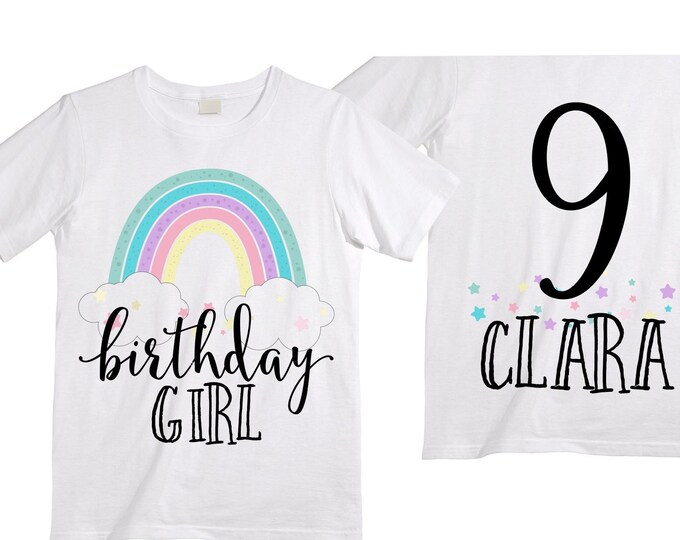 Personalized Rainbow NINE Birthday Girl Shirt. Cake Smash Short Sleeve Birthday Shirt. 9th . Birthday Shirt