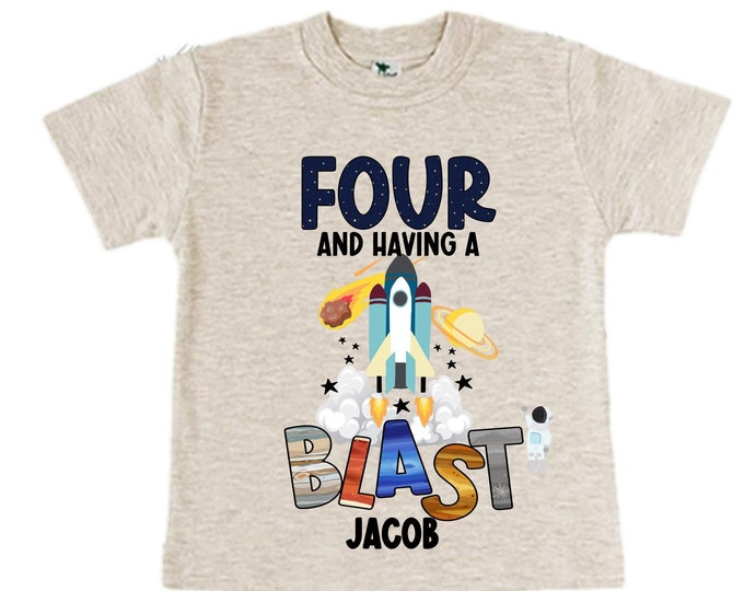 Personalized Space Birthday FOUR Astronaut theme Birthday Shirt. FOUR Birthday. Boy's Birthday Shirt. Spaceship Space ship Birthday Shirt.