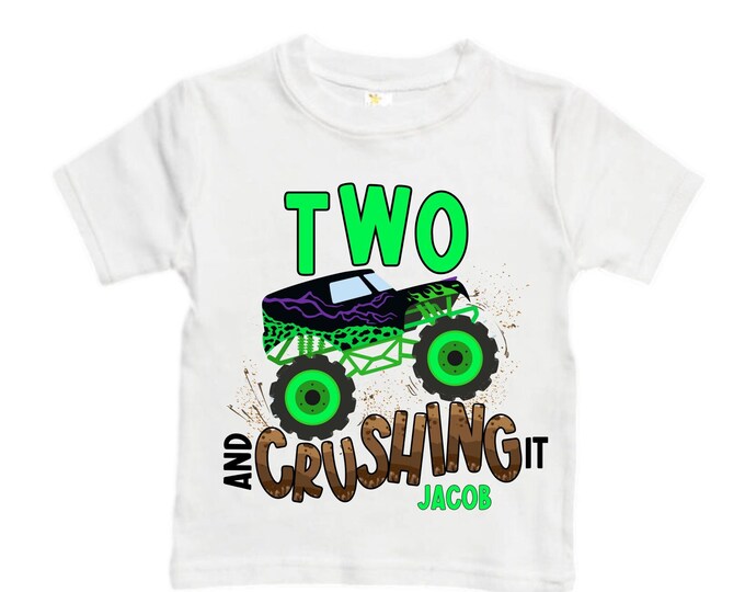 Personalized Monster Truck theme Birthday Shirt. Two Birthday. Boy's Truck Birthday Shirt. Monster Truck Racing Birthday Shirt.