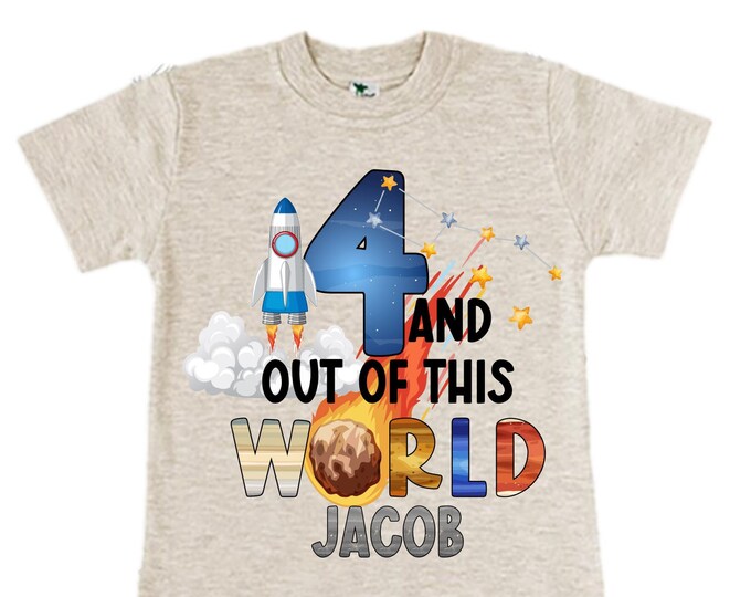 Personalized Space Birthday FOUR Astronaut theme Birthday Shirt. FOUR Birthday. Boy's Birthday Shirt. Spaceship Space ship Birthday Shirt.
