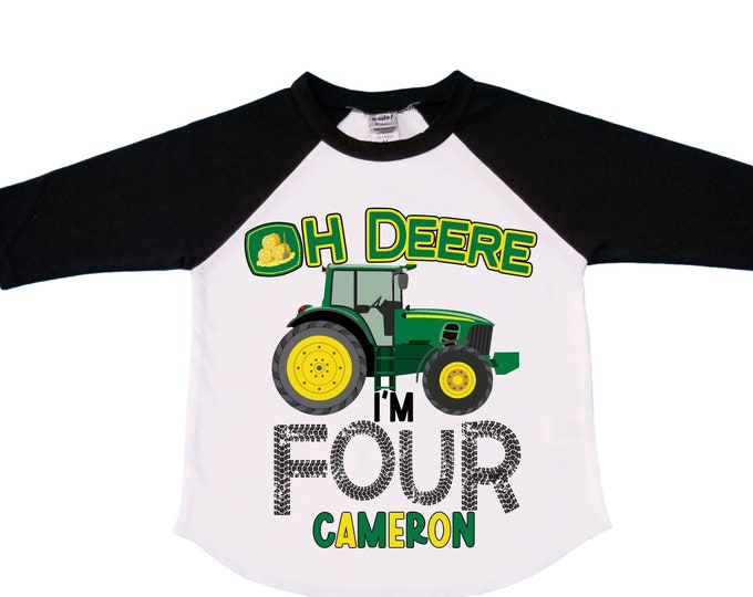 Personalized Tractor FOUR  Raglan Monster Truck theme Birthday Shirt. Two Birthday. Boy's Racing Birthday . Tractor Birthday .