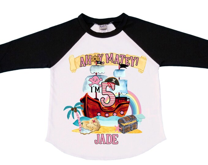 Personalized Pirate Rainbow FIVE Birthday Girl Shirt. Ahoy Matey, Arrgh, Arr Matey. Shiver Me Timbers Pirate 5th Birthday Shirt