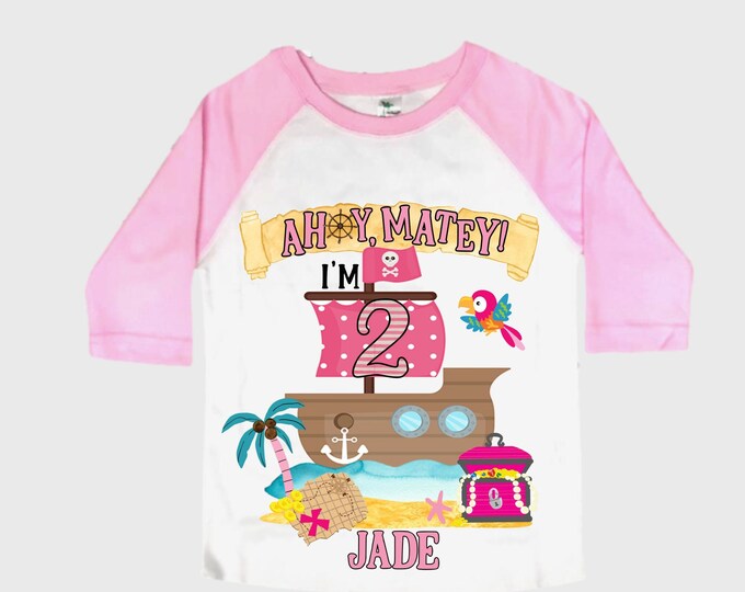 Personalized Two Pirate Rainbow . Pirate Ship.  Arrgh, Shiver me Timbers. Ahoy Matey Girls Birthday Shirt. 2nd Birthday Girl. Pirate Second
