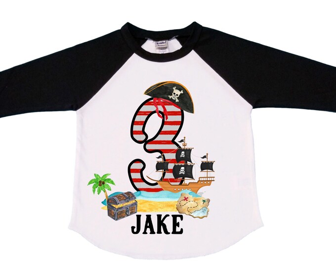 Personalized Pirate Ship theme Birthday Shirt. THREE Birthday. Boy's Pirate Birthday. Timber me Shivers. Arr Matey. Ahoy Matey. Arrgh. 3rd