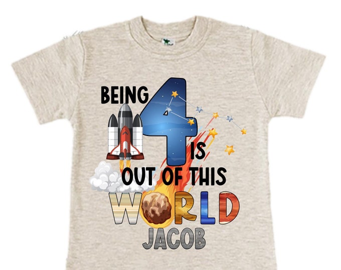 Personalized Space Birthday FOUR Astronaut theme Birthday Shirt. FOUR Birthday. Boy's Birthday Shirt. Spaceship Space ship Birthday Shirt.