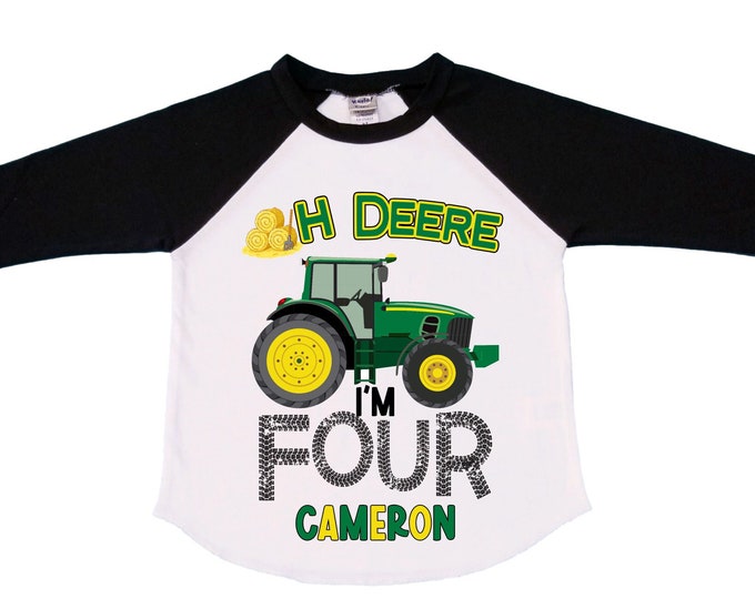 Personalized Tractor FOUR  Raglan Monster Truck theme Birthday Shirt. Two Birthday. Boy's Racing Birthday . Tractor Birthday .