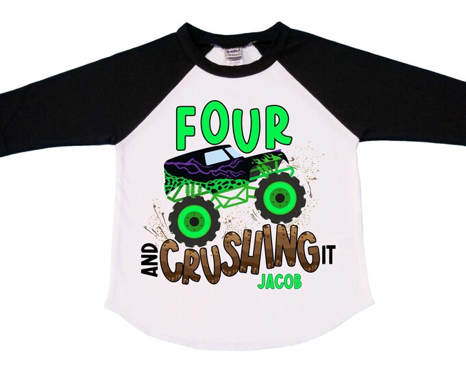 Personalized Monster Truck Crushing IT Birthday Shirt. FOUR  Birthday. Boy's Truck Birthday Shirt. Monster Truck Racing Birthday Shirt.