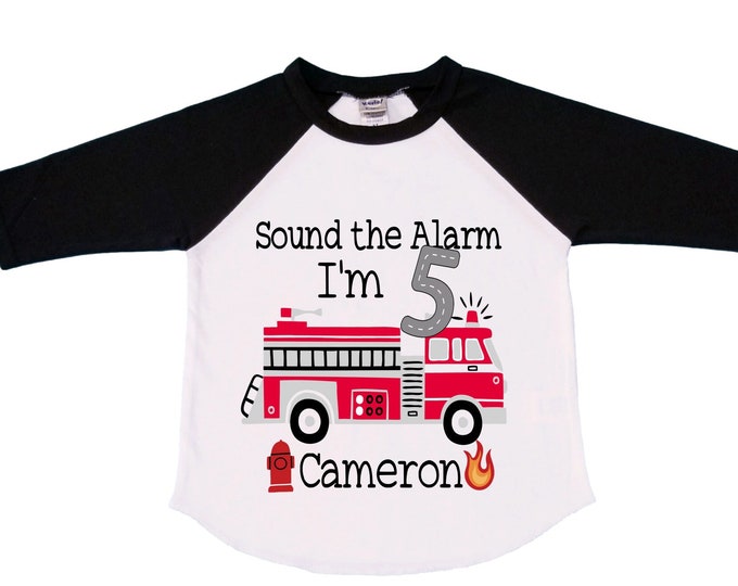 Personalized Sound the Alarm I'm 5 Fire Truck Truck FIVE Raglan Monster Truck theme Birthday Shirt. FIVE Birthday. FireTruck Birthday .