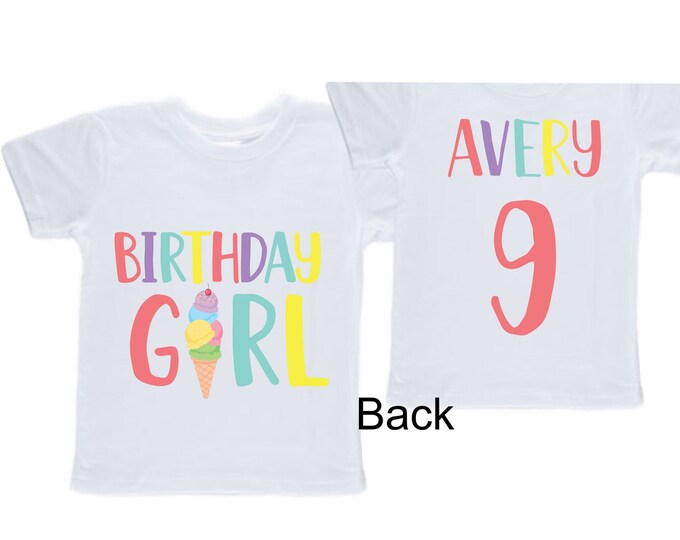 Personalized Ice Cream Themed NINE Birthday Girl Shirt. Cake Smash Short Sleeve Birthday Shirt. 9th . Birthday Shirt