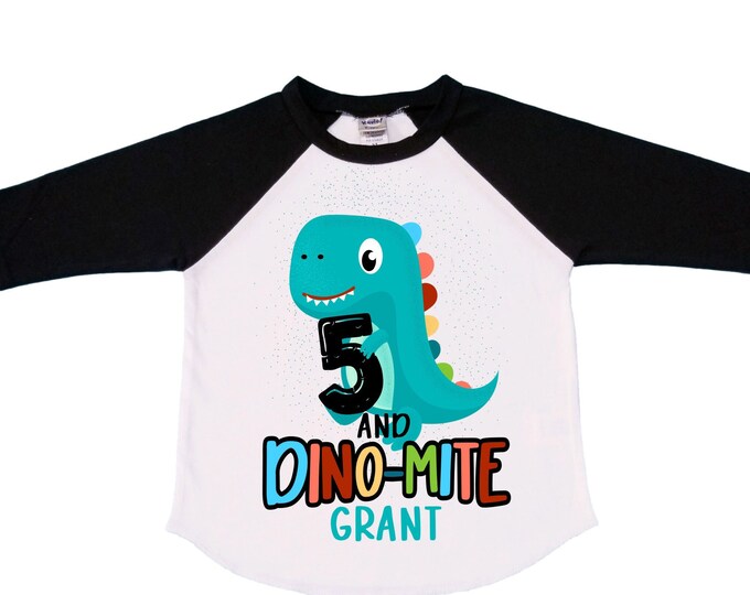 Personalized Dinosaur Themed Birthday Boy Raglan Dinosaur theme Birthday Shirt. FIVE Birthday. Boy's Dino Birthday. Dinosaur Birthday Shirt.
