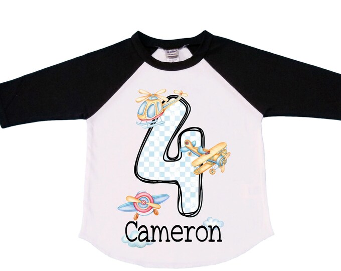 Personalized Airplane FOUR  Raglan Airplane theme Birthday Shirt. FOUR Birthday. Boy's Racing Birthday . Airplane Party Birthday
