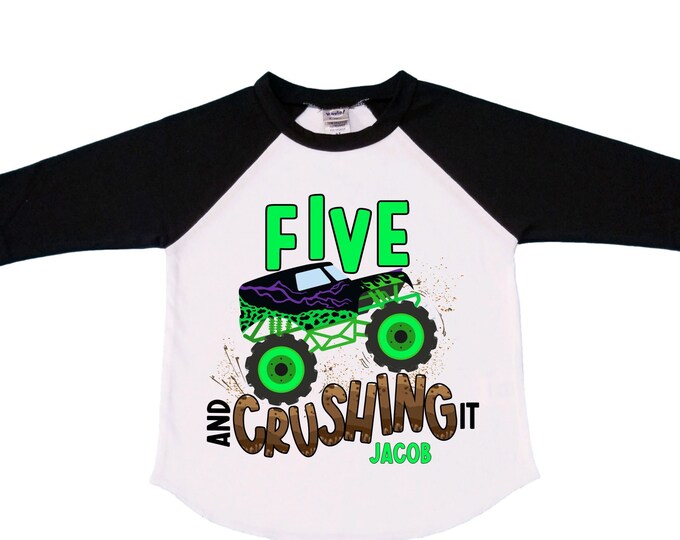 Personalized Monster Truck Crushing IT Birthday Shirt. FIVE Birthday. Boy's Truck Birthday Shirt. Monster Truck Racing Birthday Shirt.