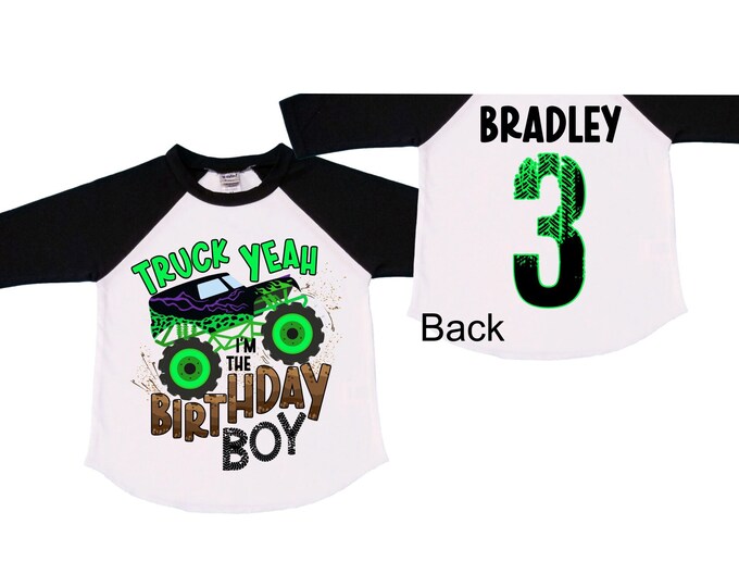 Personalized Monster Truck theme Birthday Shirt. THREE Birthday. Boy's Truck Birthday Shirt. Monster Truck Racing Birthday Shirt.