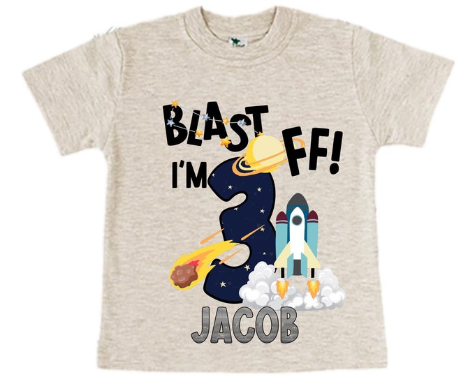 Personalized Space Birthday THREE Astronaut theme Birthday Shirt. THREE Birthday. Boy's Birthday Shirt. Spaceship Space ship Birthday Shirt.