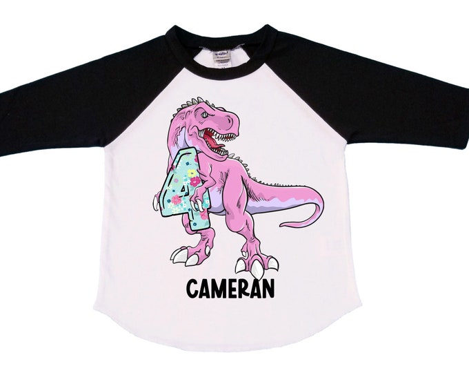 Personalized Dinosaur theme Birthday Shirt. Four Birthday. Girl's Floral Dino Birthday Shirt. Dinosaur Birthday Shirt. FOUR A Saurus