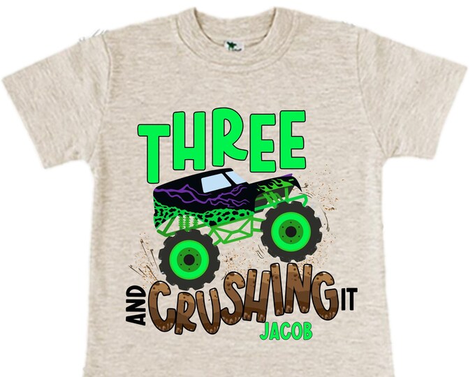 Personalized Monster Truck theme Birthday Shirt. THREE Birthday. Boy's Truck Birthday Shirt. Monster Truck Racing Birthday Shirt.