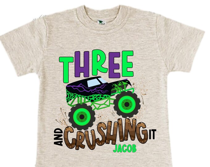Personalized Monster Truck theme Birthday Shirt. THREE Birthday. Boy's Truck Birthday Shirt. Monster Truck Racing Birthday Shirt.