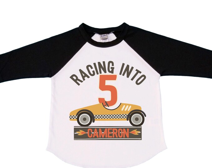 Personalized Racecar theme Birthday Shirt. FIVE Birthday. Boy's Racing Birthday . Race Car Themed Birthday Shirt