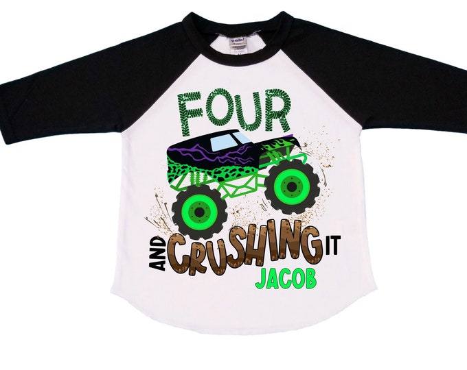Personalized Monster Truck Crushing IT Birthday Shirt. FOUR  Birthday. Boy's Truck Birthday Shirt. Monster Truck Racing Birthday Shirt.