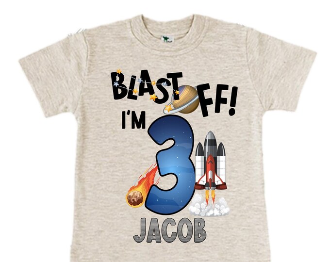 Personalized Space Birthday THREE Astronaut theme Birthday Shirt. THREE Birthday. Boy's Birthday Shirt. Spaceship Space ship Birthday Shirt.