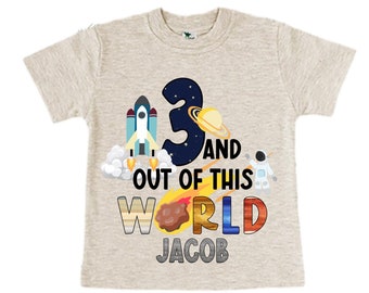 Personalized Space Birthday THREE Astronaut theme Birthday Shirt. THREE Birthday. Boy's Birthday Shirt. Spaceship Space ship Birthday Shirt.